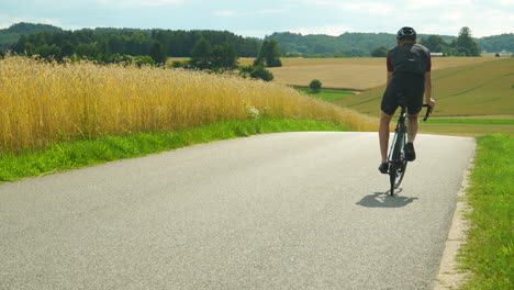 Professional-Road-Cyclist-Man-Riding-Sports-Bicycle-by-Ripe-Wheat-Field,-Slows-down-and-Looks-Back,-Beautiful-Summer-Nature-Landscape-in-Backdrop---Rear-View-Slow-motion