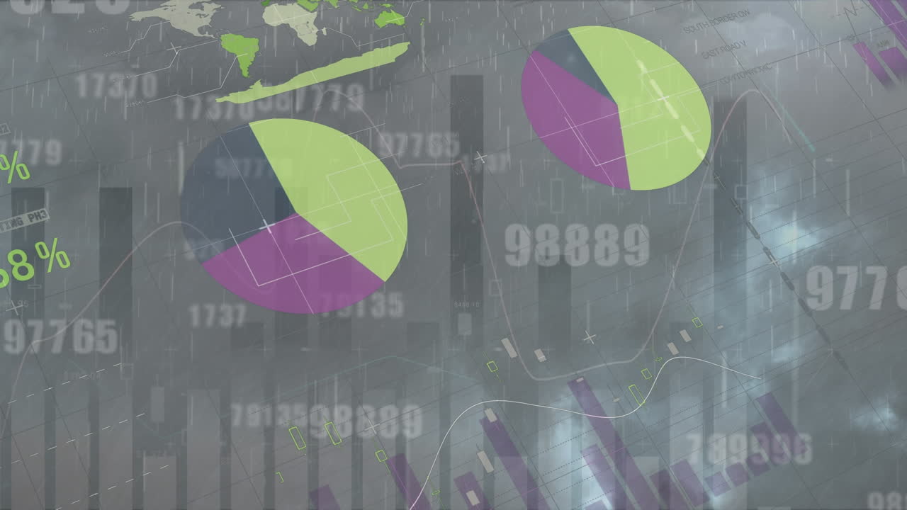 animación del procesamiento de datos financieros sobre nubes y lluvia