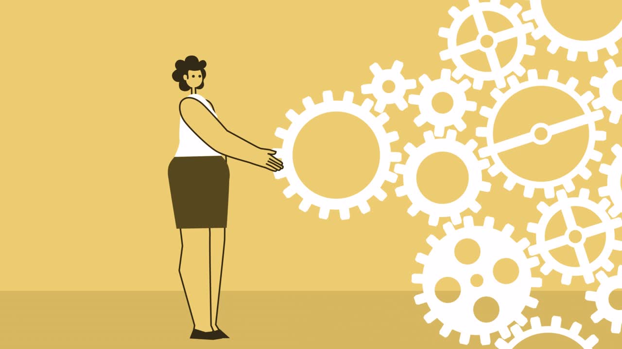 el carácter plano de la mujer de estilo amarillo gira el sistema de engranajes. animación de bucle aislado con canal alfa