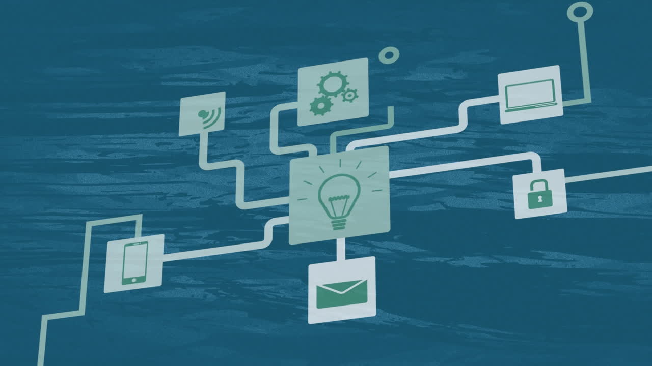 Animation of flow chart of multiple icons against blue background