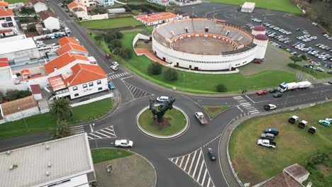 drone arc view of historic terceira island bullring in angra do heroismo, azores