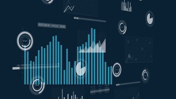 Animation of diverse graphs and financial data on navy background
