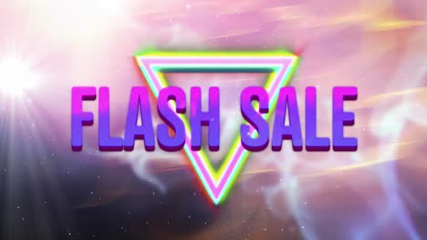Animation-of-retro-flash-sale-text-with-glowing-neon-triangles-and-pink-light-trails-in-background