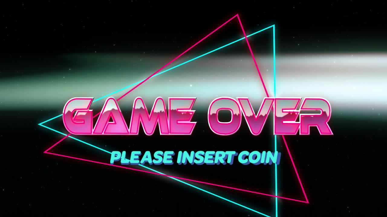 Retro animation with neon triangles and Please Insert Coin text on screen