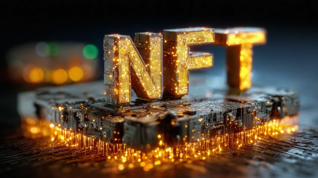 An Illuminated Representation of NFT Technology: Discover the Fusion of Digital Art and Blockchain Innovation with Sparkling Circuitry and Glowing Elements