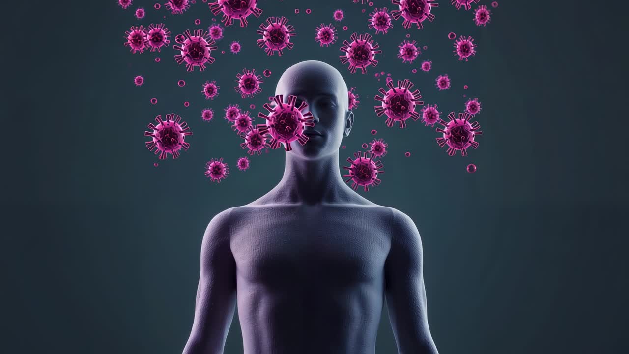 Entering frame pink spiky viral particles orbiting human head and torso on dark gradient backdrop