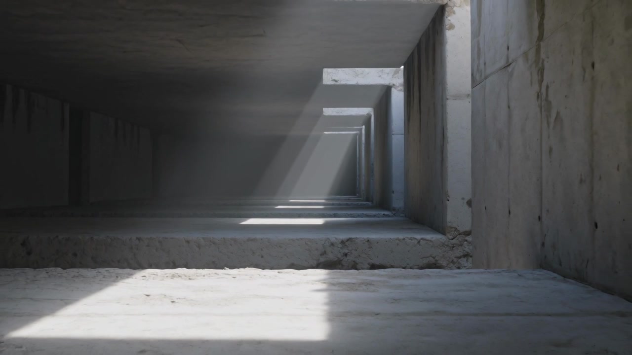 Sunlight shifting along concrete shaft in unfinished site, revealing moving light patches and dust