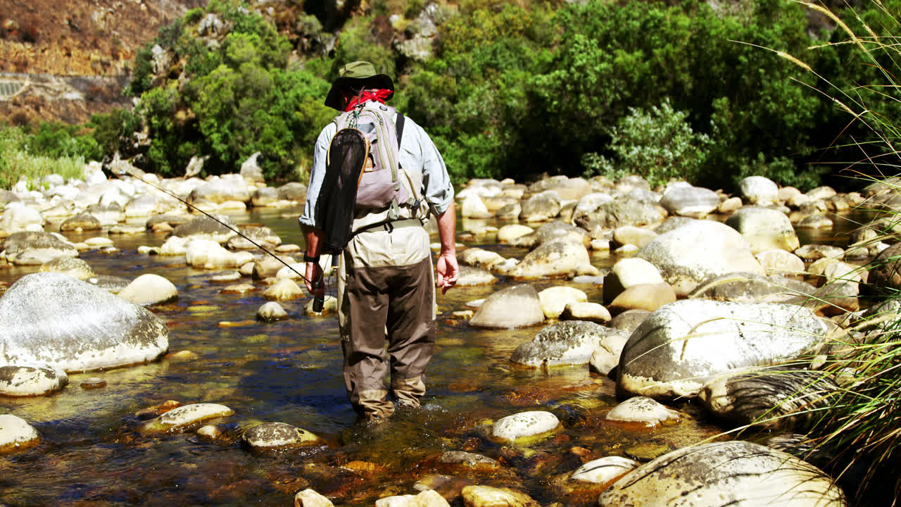 pescador de mosca caminando en el río con caña de pescar