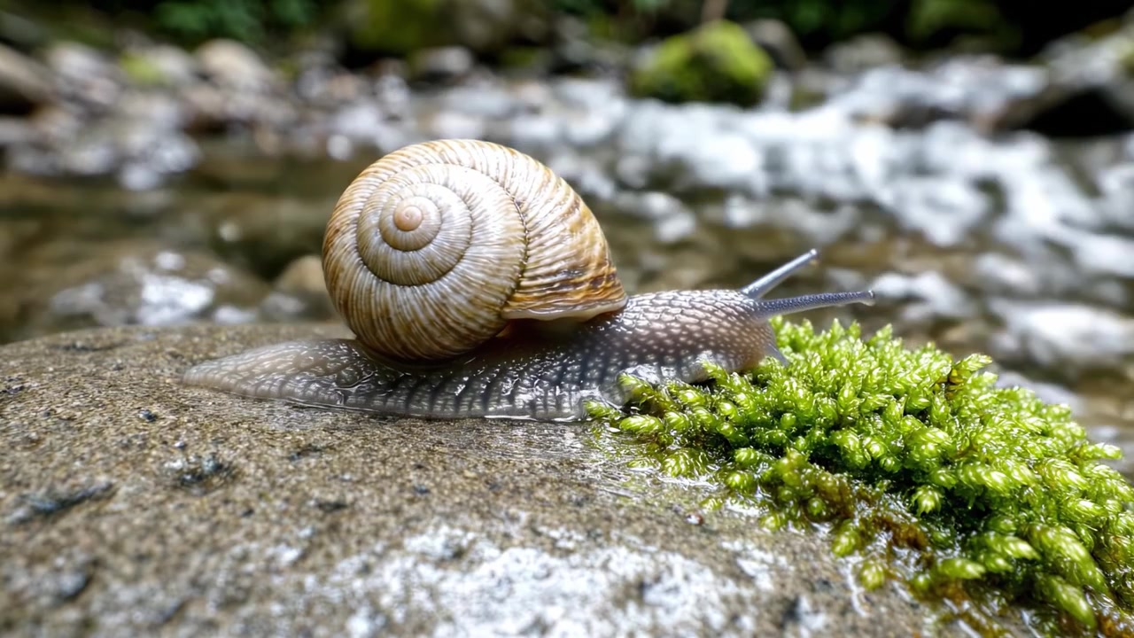 A Close-Up View of a Serene Snail on a Rock Surrounded by Lush Green Moss in a Tranquil Stream Setting, Capturing Nature's Beauty and Complexity