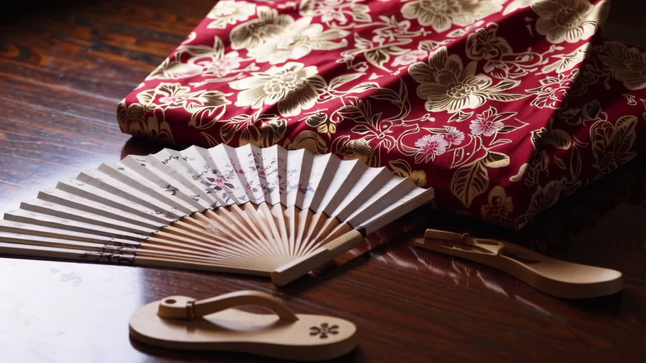 Traditional Japanese Kimono, Fan, and Sandals