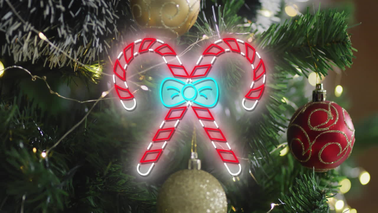 animación de bastones de caramelo sobre las decoraciones de navidad