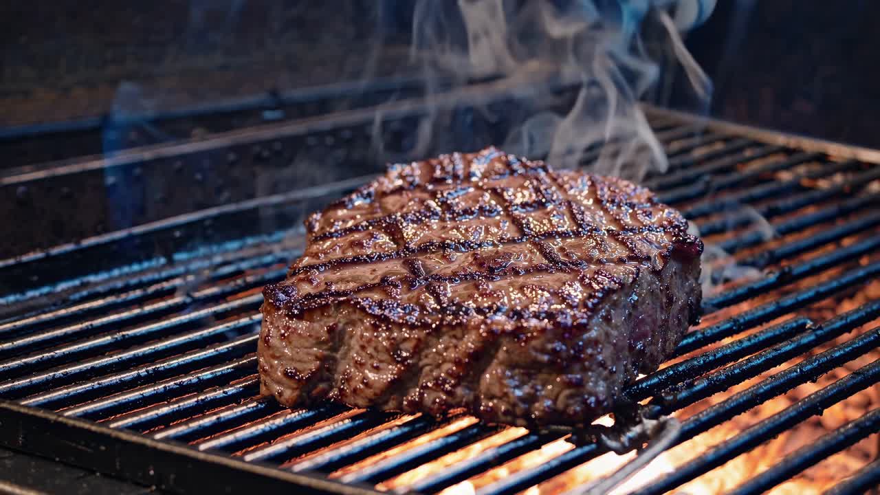 Video in primo piano di una succulenta bistecca che sfrigola su una griglia, con fumo che sale