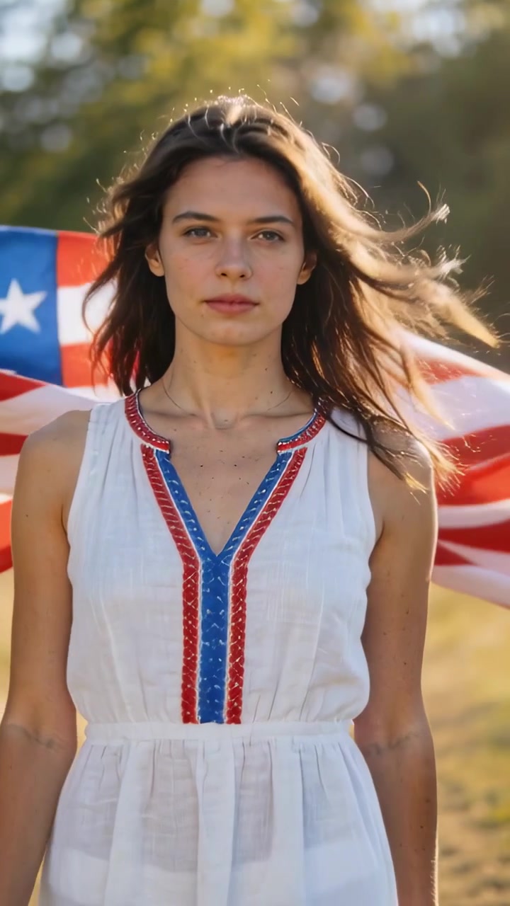 Video verticale: Donna in abito bianco che tiene una bandiera degli Stati Uniti in un parco, brezza che solleva la bandiera, mostrando patriottismo