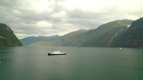 Barco-Que-Cruza-Las-Tranquilas-Aguas-Del-Fiordo-De-Geiranger-En-More-Og-Romsdal,-Noruega-Con-Pájaros-Volando-En-Primer-Plano
