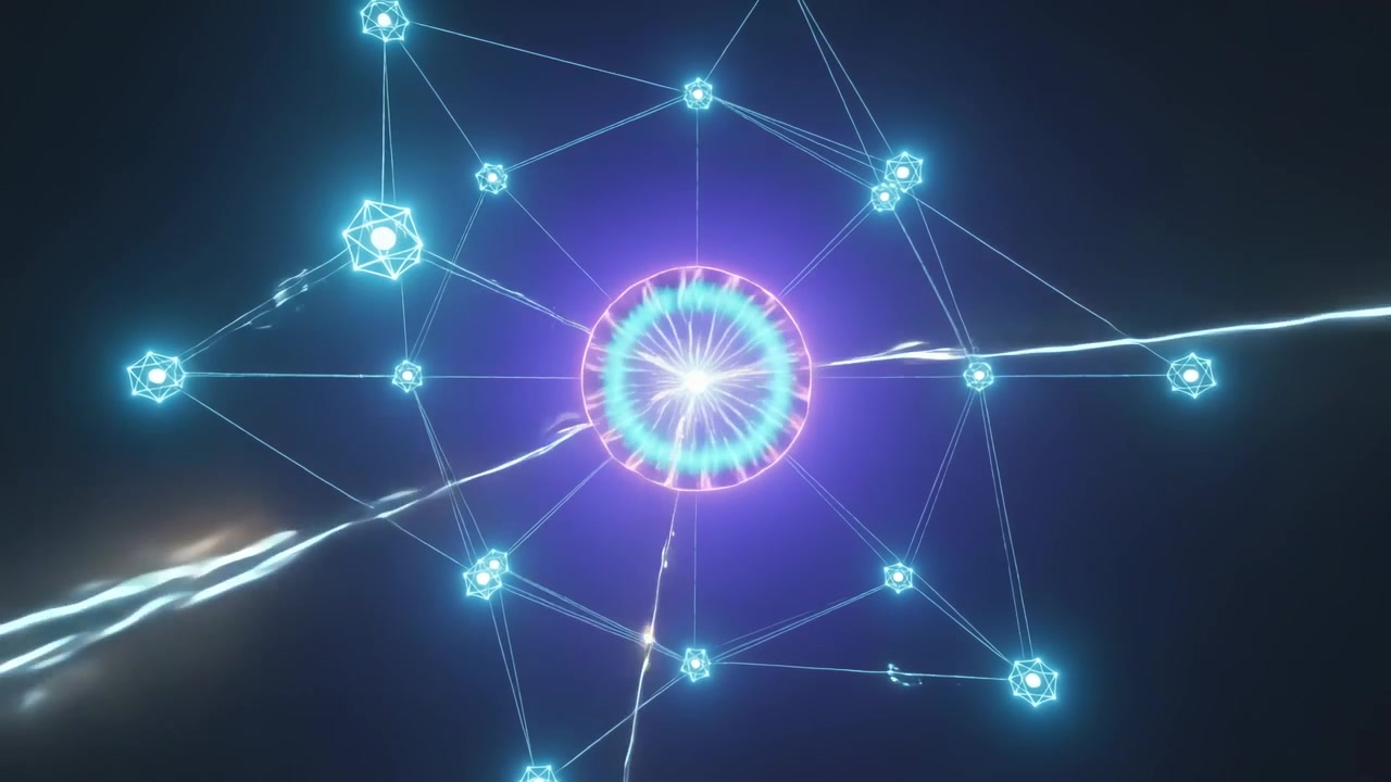 Channeling incoming streaks, glowing network pulsing along lines in void, charging ring and nodes
