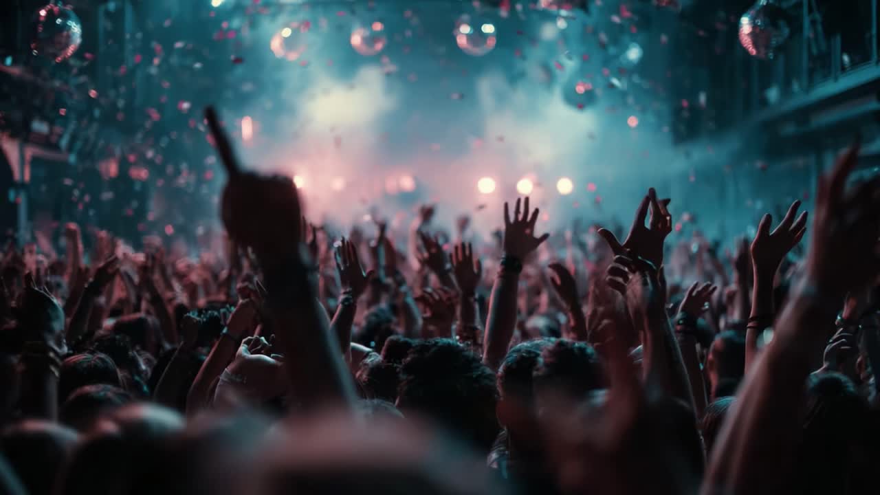Una vivace celebrazione di musica e danza: una folla energica reagisce con entusiasmo agli artisti tra luci colorate e coriandoli scintillanti