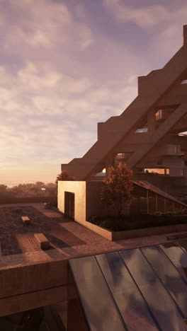 brutalist apartment building rooftop garden at sunset