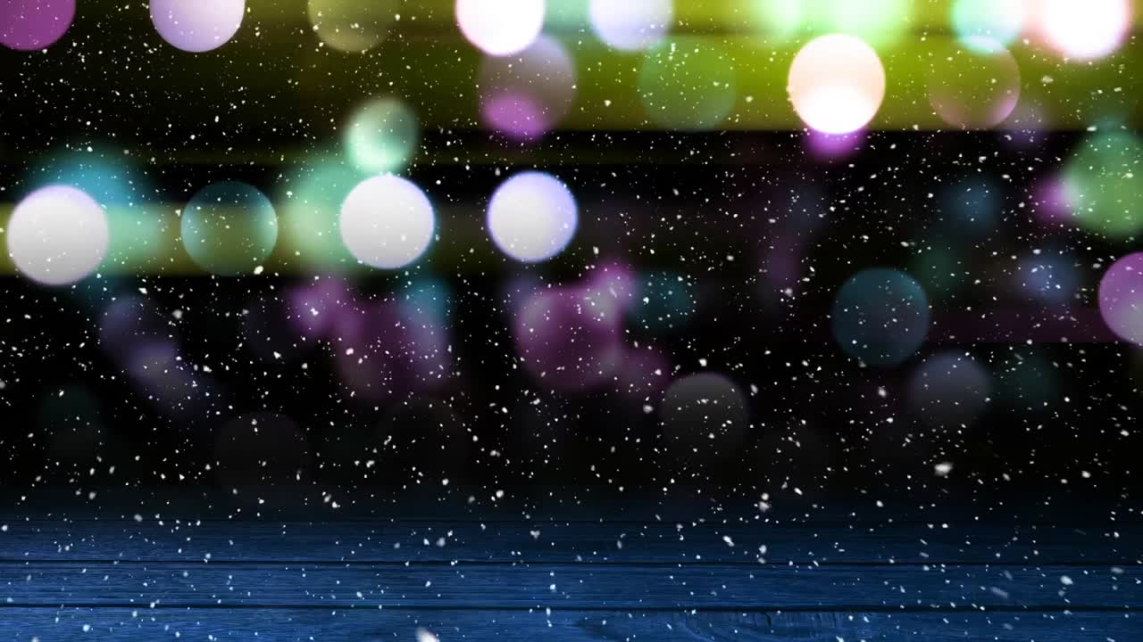 복사 공간과 나무 보드와 함께 빛의 반점 위에 떨어지는 눈의 애니메이션