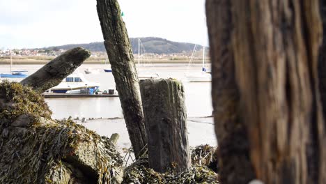 viejo muelle abandonado podrido escombros de madera en conwy harbour shoreline cerrar dolly derecho