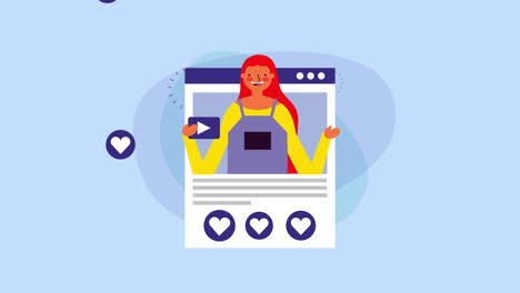 joven mujer de negocios con plantilla de página web y corazones
