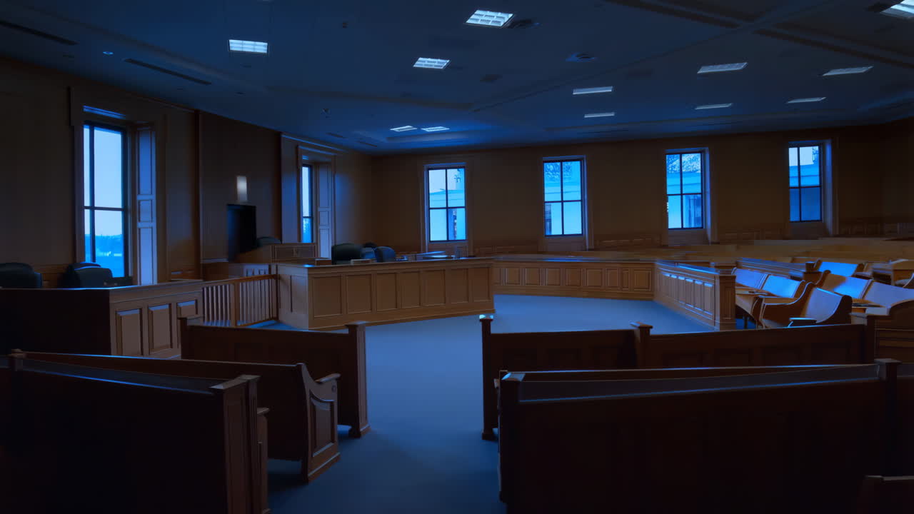 Empty Courtroom Interior with Wooden Furnishings and Blue Lighting