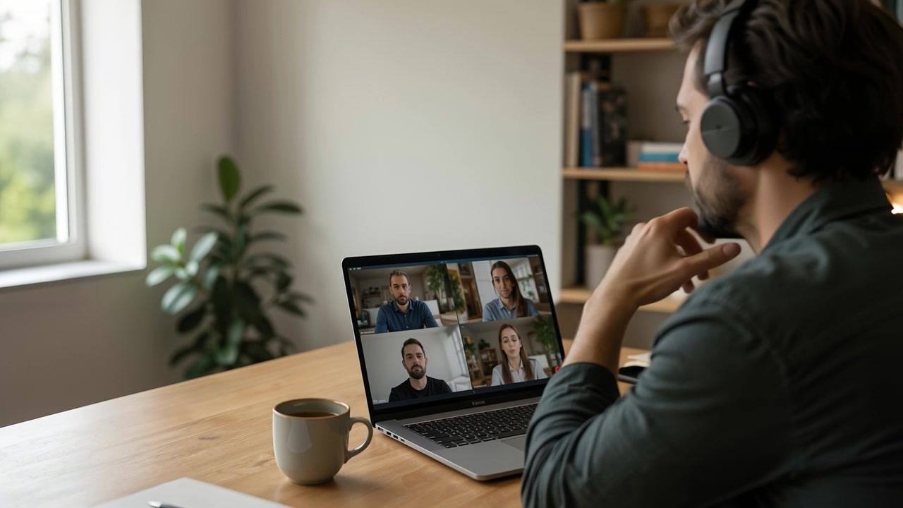 Man with headphones sitting at a desk and participating in an online video conference via laptop