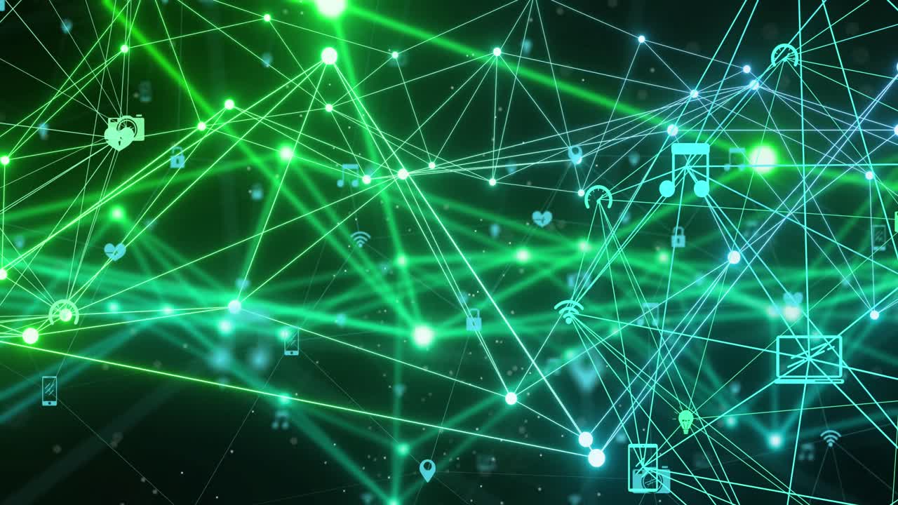 Animation of icons, globe with network of connections