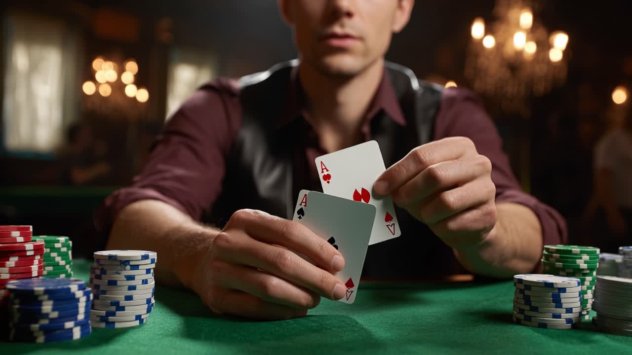 Un abile giocatore di poker esamina le sue carte con determinazione a un vivace tavolo da casinò, circondato da fiches e l'attesa dell'imminente partita ad alta posta