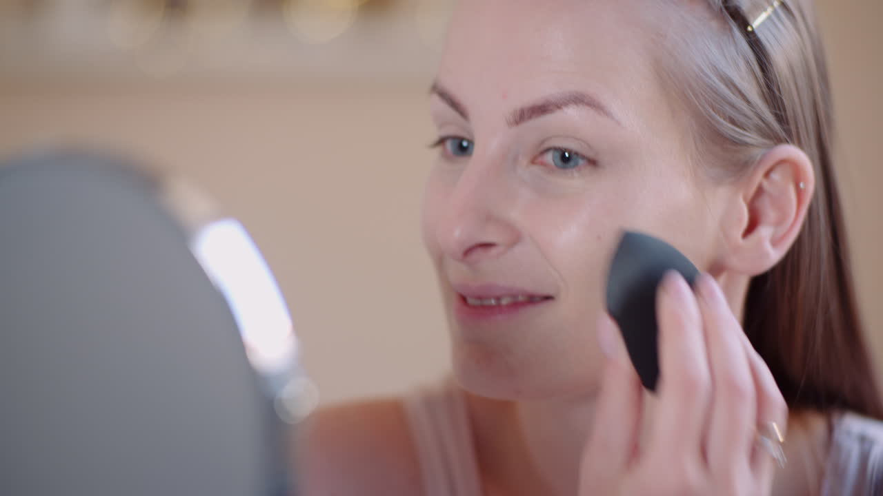 atractiva mujer haciendo maquillaje aplicando polvo 4