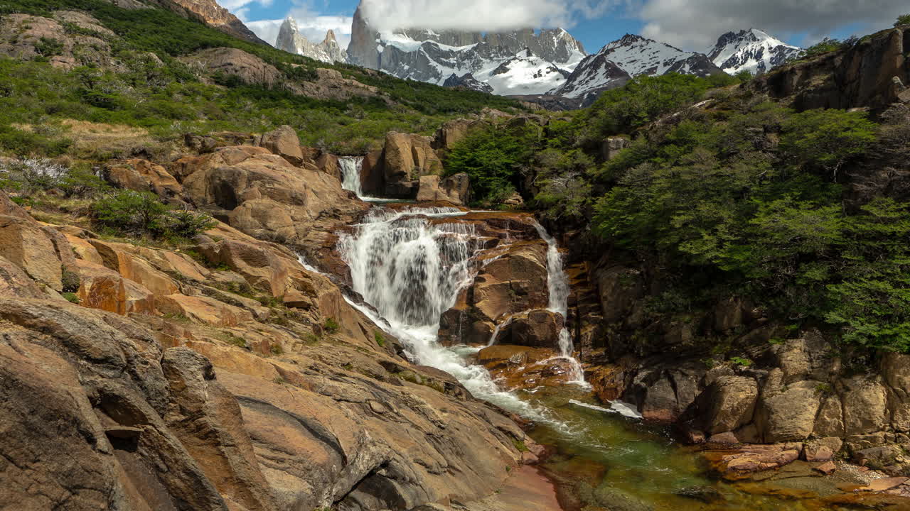 Fitz Roy Mountain, Andes, Patagonia, Timelapse Hyperlapse of Pristine Nature, Glacial River and Colorful Landscape