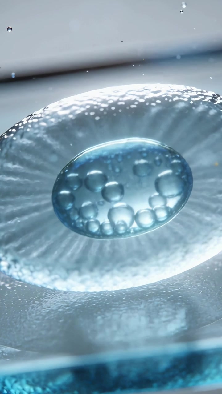 Video verticale: Telecamera che si inclina su una goccia di gel blu che si muove tra bolle su vetro, mostrando linee radiali