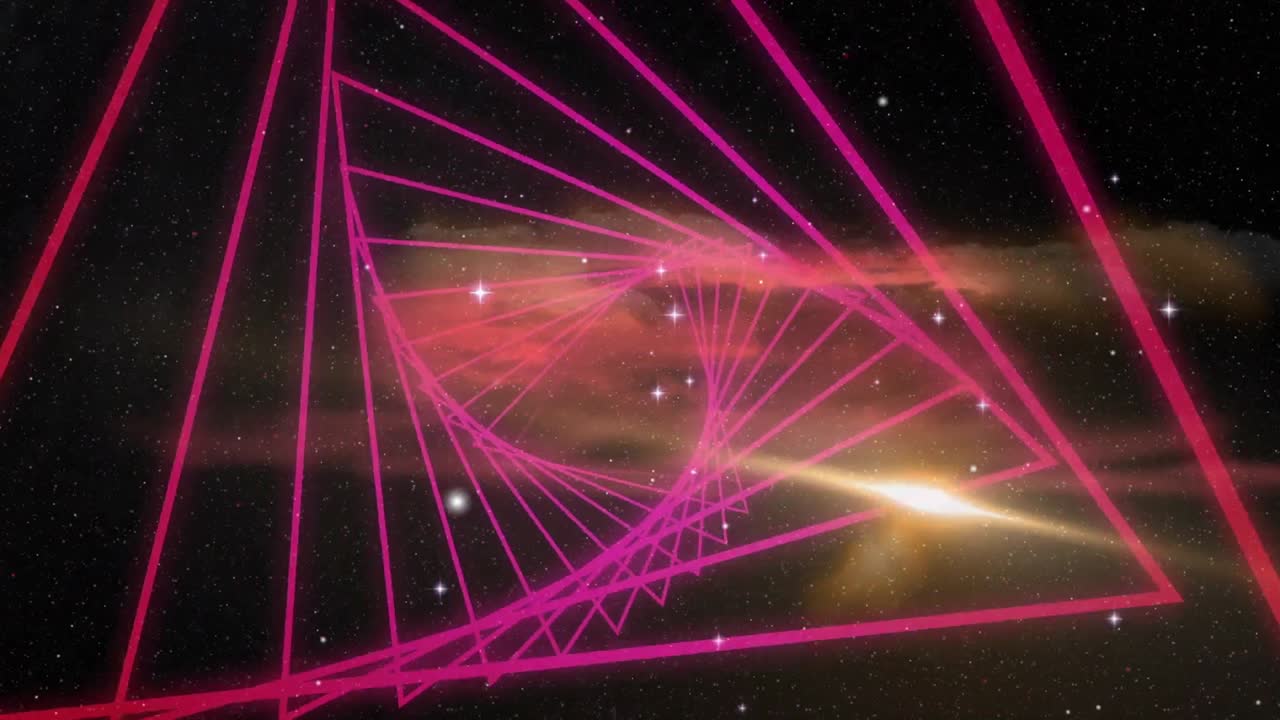 animación digital de formas de triángulos que giran en movimiento sin fisuras contra estrellas brillantes en el espacio