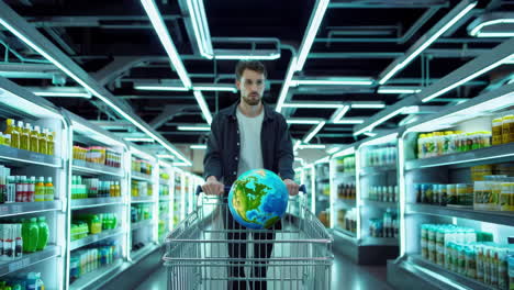 man with a globe in a shopping cart at a supermarket