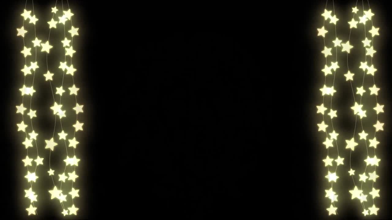 animación de luces de hadas de estrellas colgantes, con navidad blanca y fuegos artificiales de año nuevo en el cielo nocturno