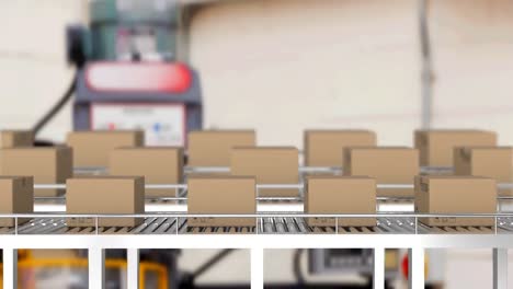 multiple delivery boxes on conveyor belt against factory in background