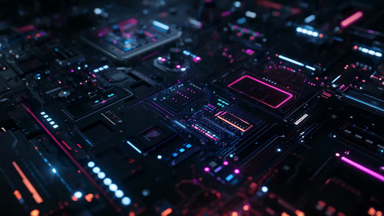 Panning virtual camera inside dark void at start, showcasing neon-lit circuit board and microchips