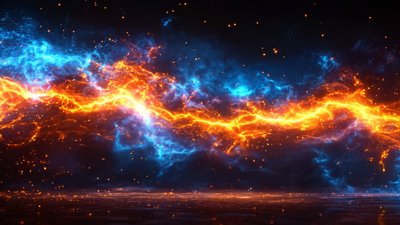 A bright blue and orange line of electricity is lit up and floating in the air. The blue and orange line of electricity is creating a striking visual effect, with the blue