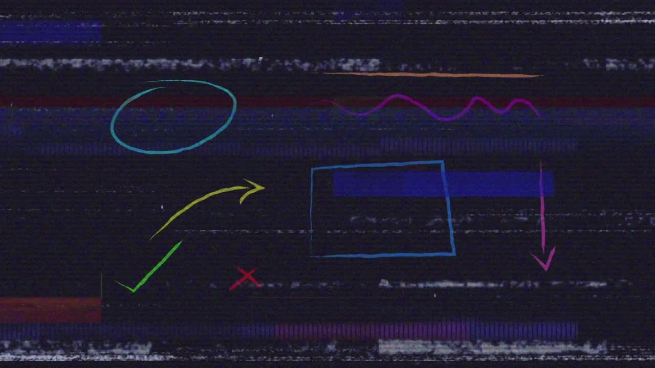 글리치가 있는 화면에 있는 도면과의 인터페이스의 애니메이션