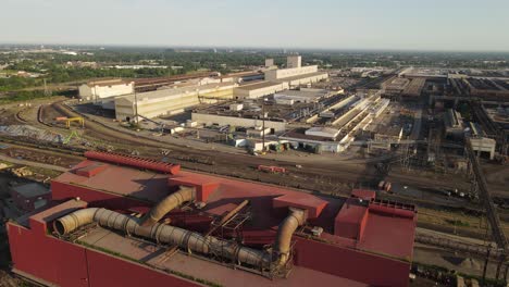 industrial building and railway of ford rogue river complex, aerial drone view