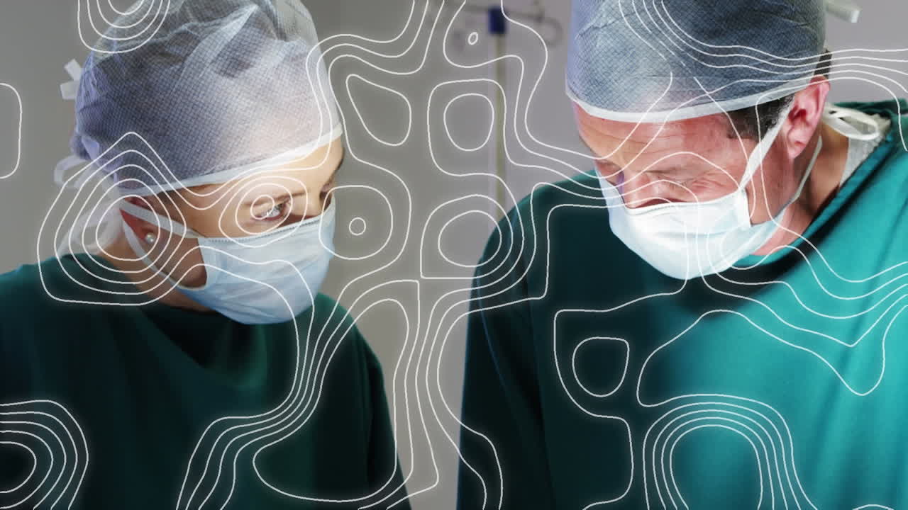 얼굴 마스크를 입은 외과 의사 위에서 움직이는 선의 애니메이션