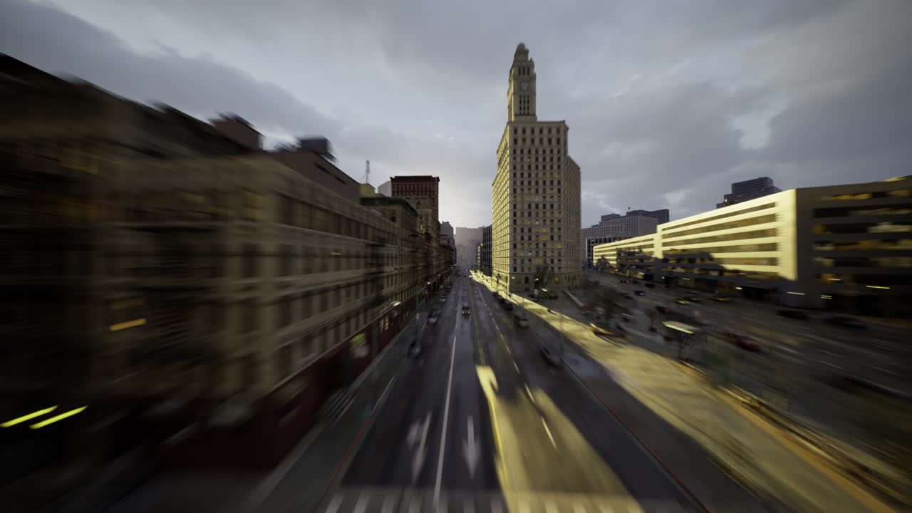 Urban landscape flowing through time with glowing sunlight at dusk