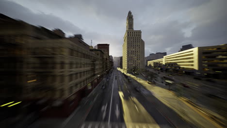 urban landscape flowing through time with glowing sunlight at dusk