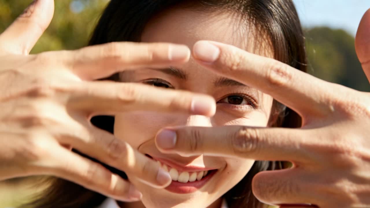 Hands entering frame and framing adult Asian woman's face, creating playful diamond at sunny park