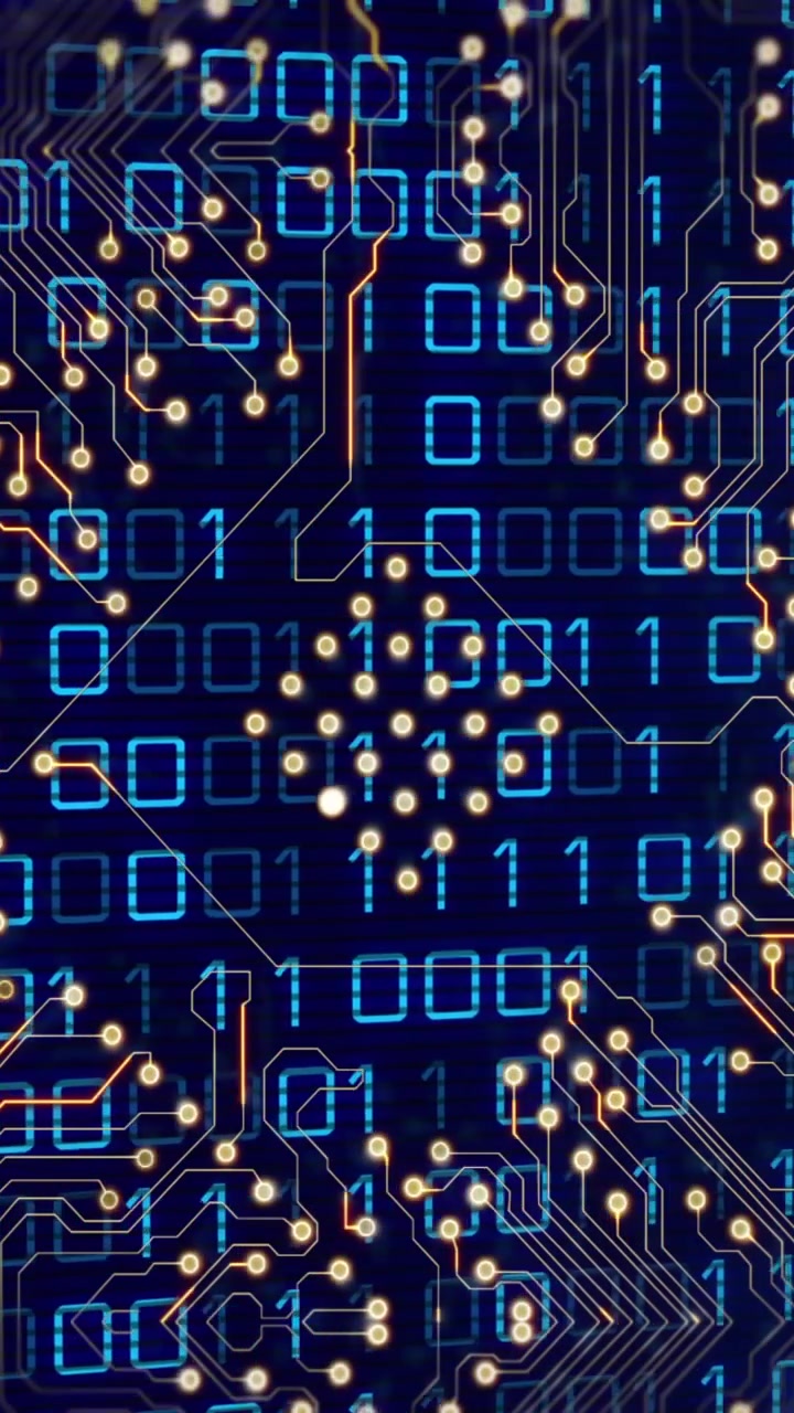 Animation af glødende gyldent bundkort over binær databehandling på blå baggrund