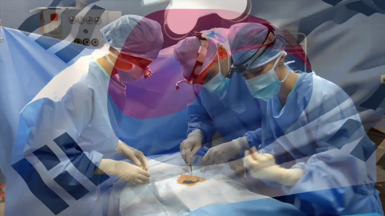 수술실에서 외과 의사 들 위 에 한국 국기 가 흔들리는 애니메이션