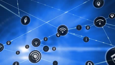 Animation-of-network-of-connections-with-icons-over-shapes-on-blue-background