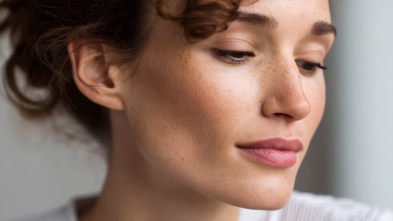 Un primer plano de una mujer sonriente con pelo rizado, que muestra su belleza natural y su expresión cálida en un entorno suave y sereno.