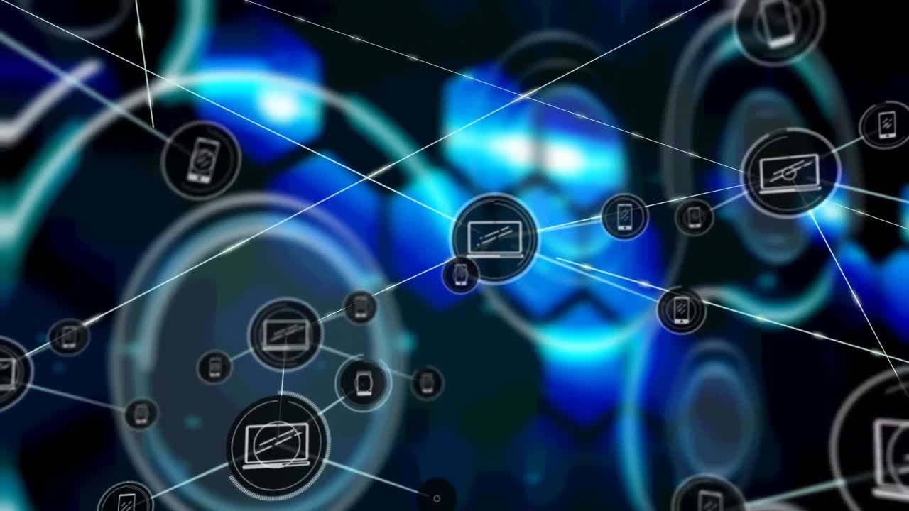 animación de redes de conexiones con iconos sobre formas azules sobre fondo negro
