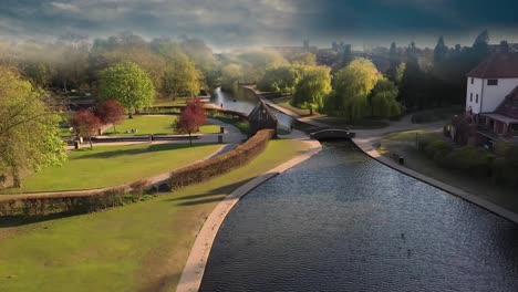 York,-England---Rowntree-Park---Aerial-Flyover-Under-Stormy-Sky