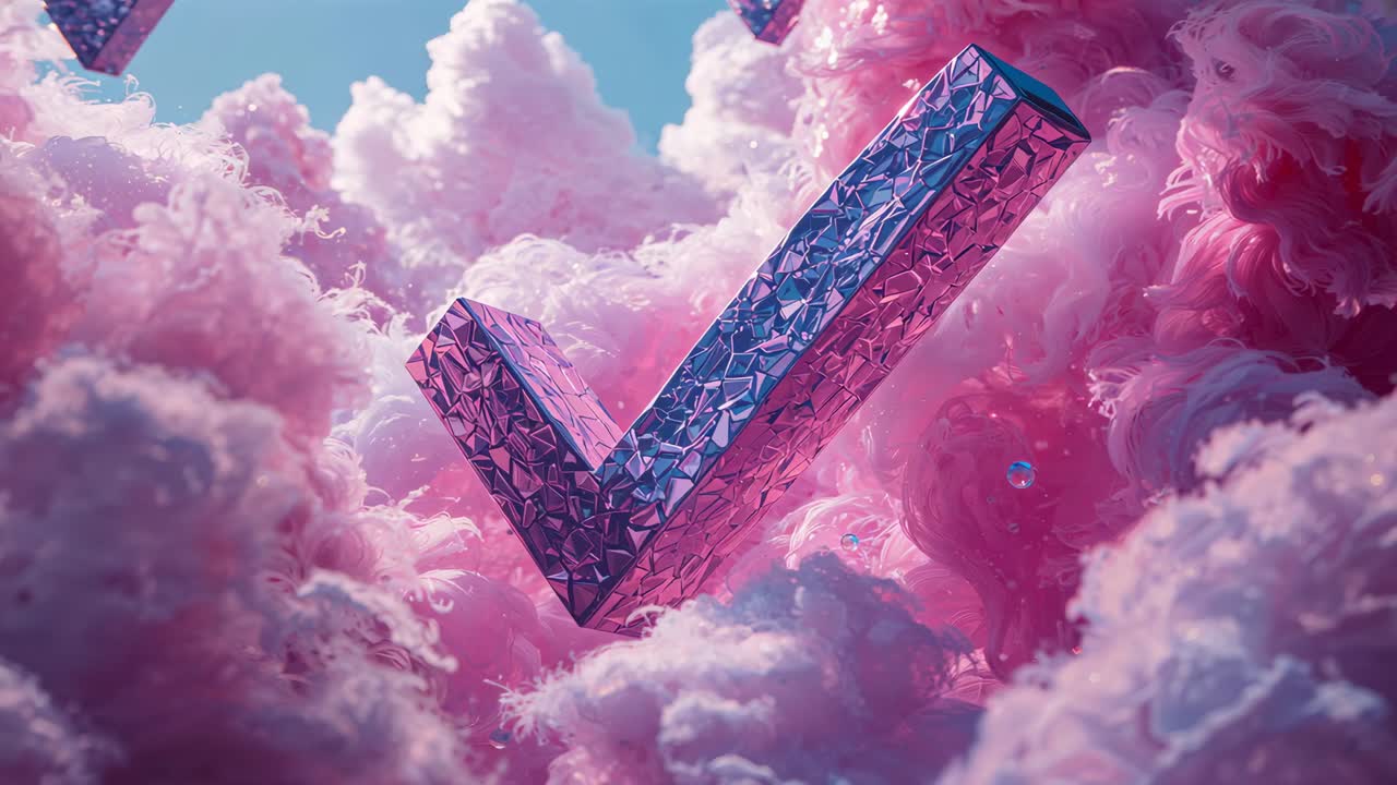 Camera pushing in, tilting, faceted checkmark catching purple light in pink clouds, droplet falling